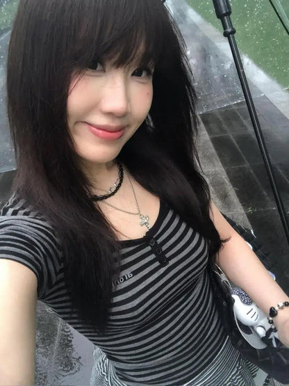 Cathy Dollette Hotsweet Striped 's  Slim Summer Short Sleeve Korean Fashion 2000s Clothes  Tees Female Clothing