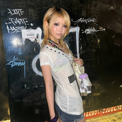 Cathy Dollette Japanese  Metal Cross Print  Vintage Harajuku Short Sleeve Sheer TopTrashy 2000s V-neck Streetwear Grunge