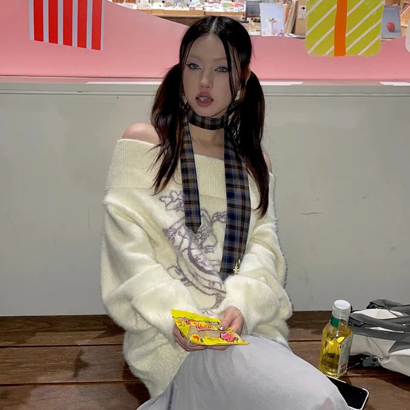 Cathy Dollette Japanese  Embroidered Pullover Vintage Harajuku Thick Knitted Sweater Retro 2000s Style Knitwears Korean Fashion 90s
