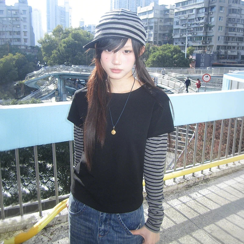 Cathy Dollette Japanese  Fake Two-piece Top2000s Style Long Sleeve Knitted  Vintage Harajuku Knit Streetwear American Retro