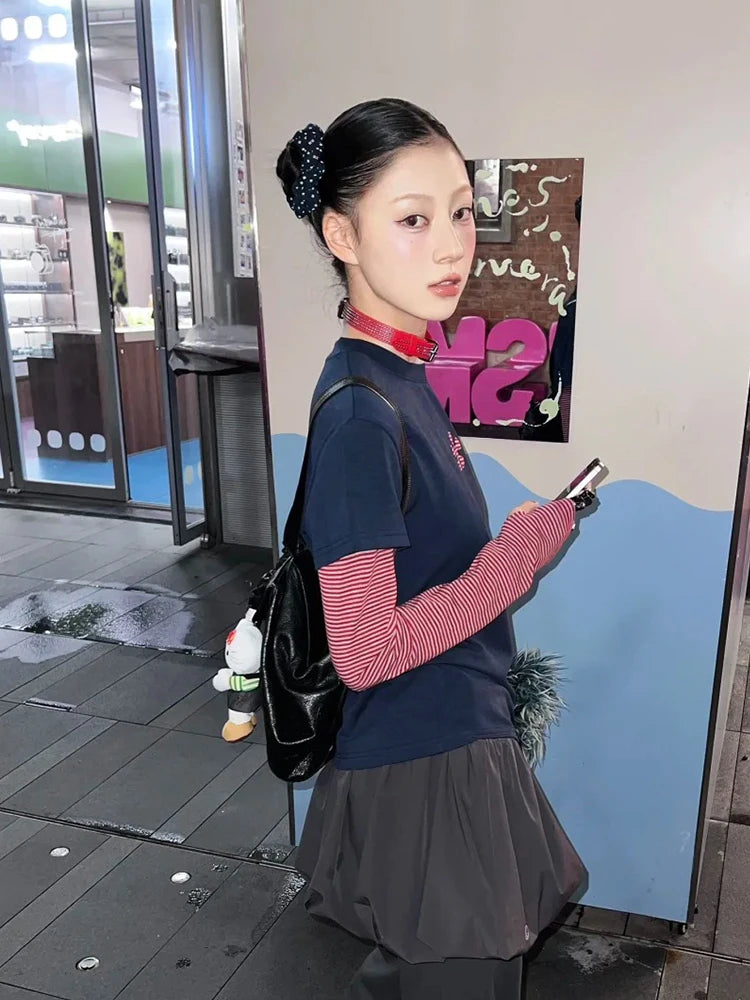Cathy Dollette Harajuku Patchwork   Long Sleeve Striped Fake Two Pieces Top  Vintage TopJapanese 2000s