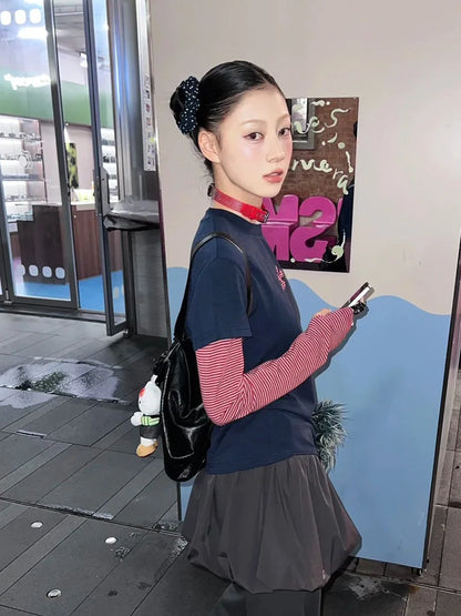 Cathy Dollette Harajuku Patchwork   Long Sleeve Striped Fake Two Pieces Top  Vintage TopJapanese 2000s
