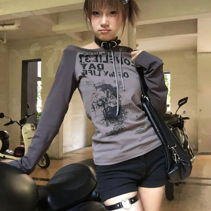 Cathy Dollette Japanese  Off Shoulder  Grunge s Graffiti Print Long Sleeve Tee Shirt Vintage Harajuku Streetwear 90s
