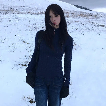 Cathy Dollette Japanese  Slim Pullover Vintage Harajuku Navy Blue Sweater 2000s Style Knitted TopKorean Fashion Knitwear Elegant