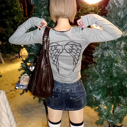 Cathy Dollette Japanese  Beard Print  Vintage Harajuku Long Sleeve Gray  Korean 2000s Style Streetwear American Retro