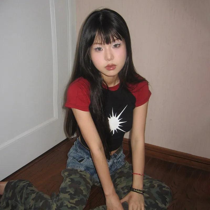 Cathy Dollette Japanese  Patchwork  Vintage Harajuku Short Sleeve Tee Shirt Trashy 2000s Style Crop Top American Retro 90s