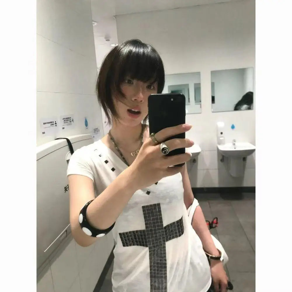 Cathy Dollette Patchwork V Neck Gothic Cross Graphic T Shirts Woman Clothes 2000s  Summer TopTees Female Clothing Japan Style Goth