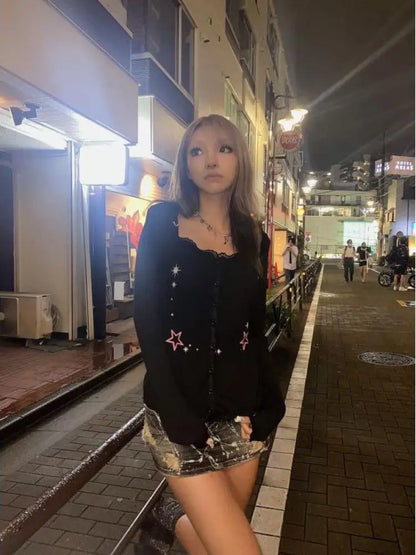 Cathy Dollette Hotsweet Lace Patchwork Print Stars T Shirt  Clothes Long Sleeve Slim Harajuku  Cardigan Tee Shirt Femme 90s
