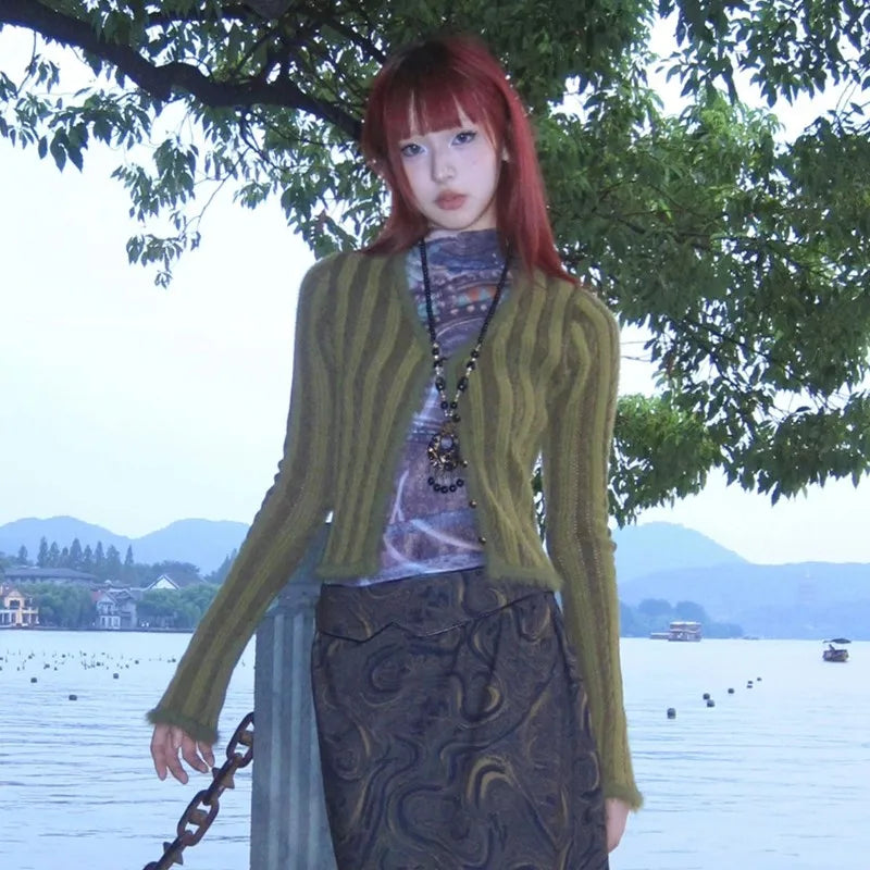 Cathy Dollette Japanese  Crop Cardigan Vintage Harajuku Knitted Outerwears 2000s s V-neck Knitwear Striped American Retro
