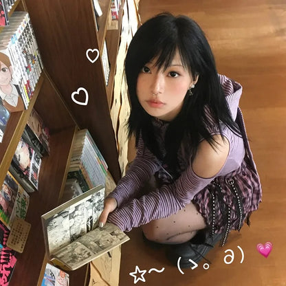 Cathy Dollette Japanese  Hooded  Vintage 2000s Style Rabbit Ears TopHarajuku Purple Striped Hollow Out TopGrunge Lolita