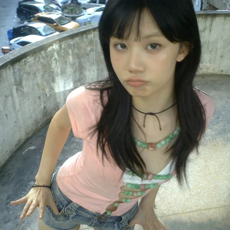 Cathy Dollette Japanese  Hollow Out TopVintage Harajuku Beaded T Shirt 2000s s Short Sleeve Knit s American Retro