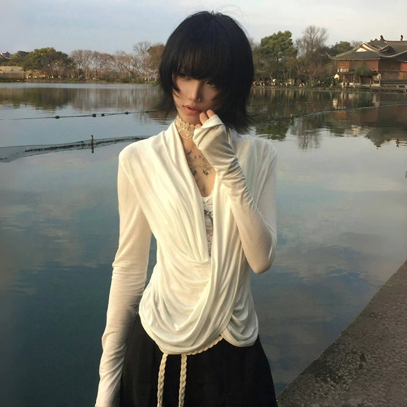 Cathy Dollette Japanese  Cross TopTrashy 2000s Style V-neck Long Sleeve  Vintage Harajuku White Irregular TopAmerican 90s