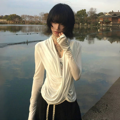 Cathy Dollette Japanese  Cross TopTrashy 2000s Style V-neck Long Sleeve  Vintage Harajuku White Irregular TopAmerican 90s