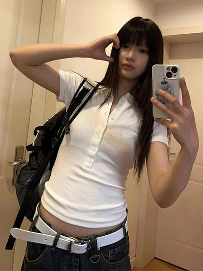 Cathy Dollette Hotsweet Solid T Shirt  Clothes Buttton Short Sleeve Slim Summer TopKorean Fashion 2000s Clothes  Tees Female