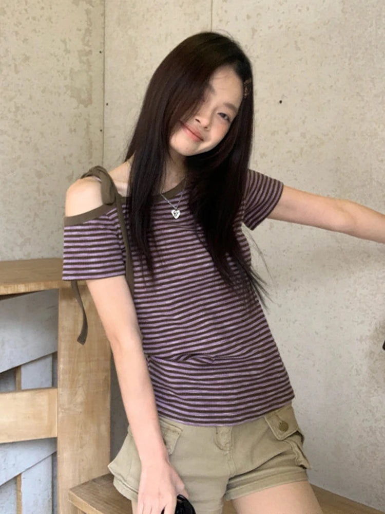 Cathy Dollette Korean Style Striped   Short Sleeve Lace Up Irreagual Tee Top  Grunge TopJapanese