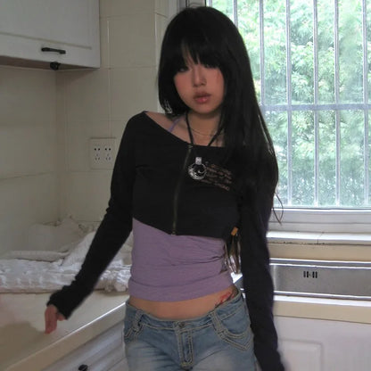 Cathy Dollette Japanese  TopTwo Piece Set Grunge s Patchwork  Vintage American Retro Zipper Tee Shirt High Street