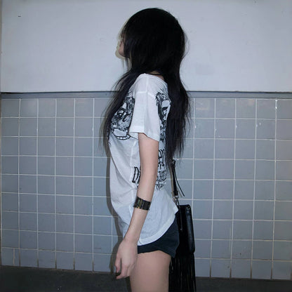 Cathy Dollette Japanese  Letter Print  Trashy 2000s Style Tattoo T Shirt Vintage Harajuku Short Sleeve Sheer TopGrunge Goth