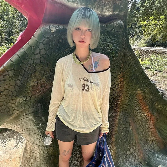 Cathy Dollette Japanese  Sheer TopVintage 2000s Style See Through  Harajuku s Letter Print V-neck Top American 90s