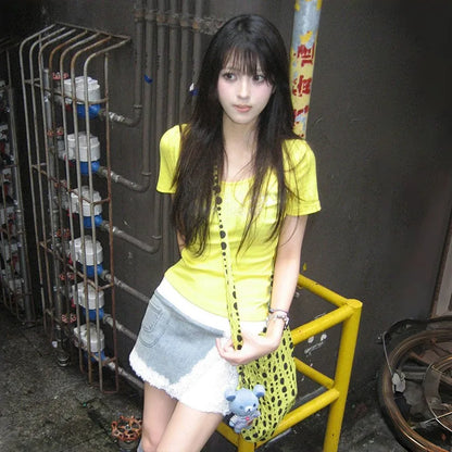 Cathy Dollette Japanese  Rhinestones  Vintage Harajuku Diamond Letter Print T Shirts Trashy 2000s s Yellow Crop Top