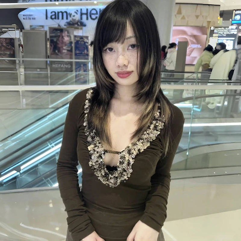 Cathy Dollette Japanese  V-neck Sequin TopTrashy 2000s Style Sxey Long Sleeve  Vintage Harajuku Slim TopAmerican Retro