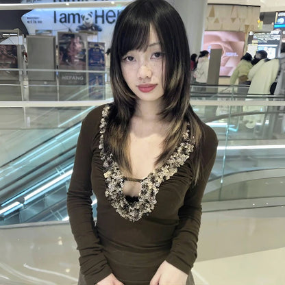 Cathy Dollette Japanese  V-neck Sequin TopTrashy 2000s Style Sxey Long Sleeve  Vintage Harajuku Slim TopAmerican Retro