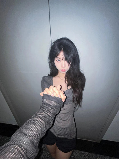 Cathy Dollette Bandage V-neck 's  Long Sleeve Korean Fashion Slim See Through 2000s Clothes  Tees Female Clothing Chic