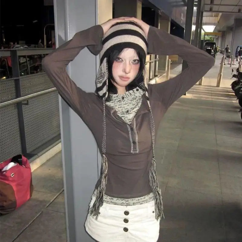Cathy Dollette  Japanese T Shirt  Hooded Fake Two Pieces Top E-girls Tshirts Korean Style Grunge TopFairycore