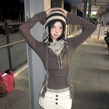 Cathy Dollette  Japanese T Shirt  Hooded Fake Two Pieces Top E-girls Tshirts Korean Style Grunge TopFairycore