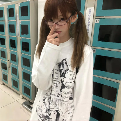 Cathy Dollette Japanese  Letter Print  2000s Style Long Sleeve White T Shirt Vintage Harajuku Oversized TopAmerican Retro
