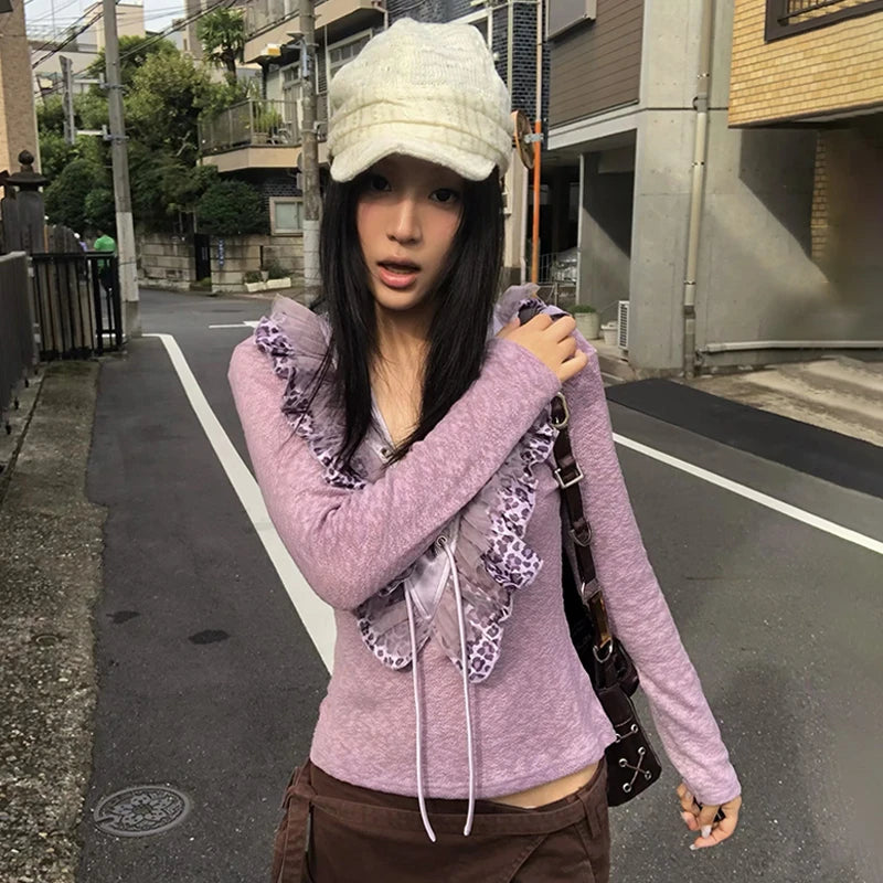 Cathy Dollette Japanese  Ruffles Knitted TopVintage Harajuku Long Sleeve V-neck Knit  Trashy 2000s Lace-up Purple Knitwear