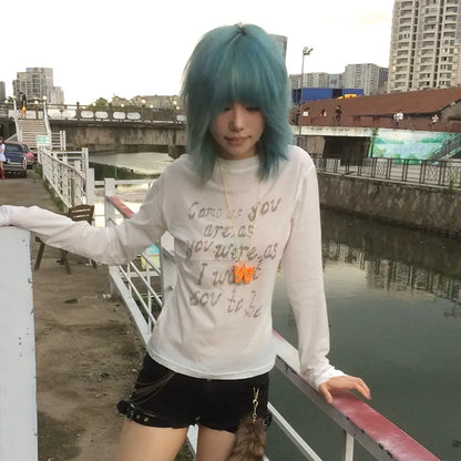 Cathy Dollette Japanese  Letter Print  Trashy 2000s Style Long Sleeve T Shirt Vintage Harajuku Distressed TopAmerican Retro