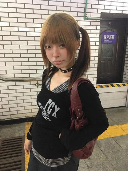 Cathy Dollette Gothic Print T Shirt  Patchwrok Fake Two Pieces Top Vintage Crop Top 2000s Japanese Tshirts Tops