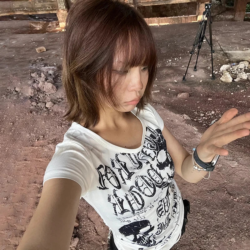 Cathy Dollette Grunge s Skull Print  Japanese  Short Sleeve Tshirt Trashy 2000s Style Streetwear Gothic Punk Vintage