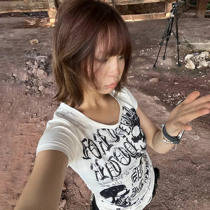 Cathy Dollette Grunge s Skull Print  Japanese  Short Sleeve Tshirt Trashy 2000s Style Streetwear Gothic Punk Vintage