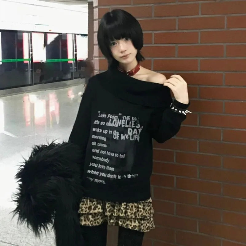 Cathy Dollette Japanese  Off Shoulder Sweater Grunge s Slash Neck Knitted Pullovers 2000s Vintage Korean Black Knitwear