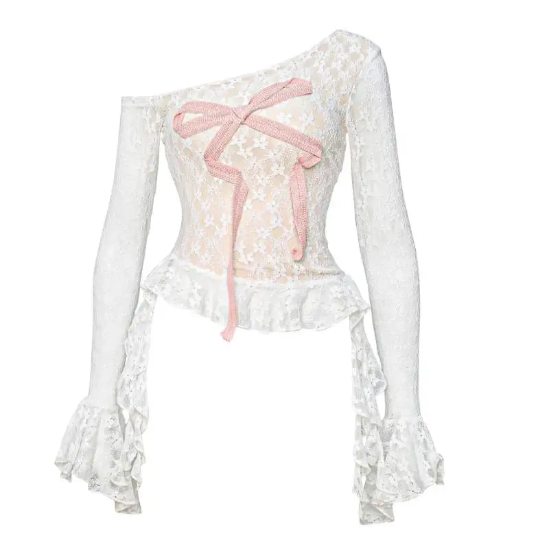 Cathy Dollette Hotsweet Lace Bow 's  Long Sleeve 2000s Clothes  Japan Style Kawaii Off Shoulder Tees Female Clothing
