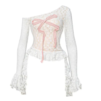 Cathy Dollette Hotsweet Lace Bow 's  Long Sleeve 2000s Clothes  Japan Style Kawaii Off Shoulder Tees Female Clothing