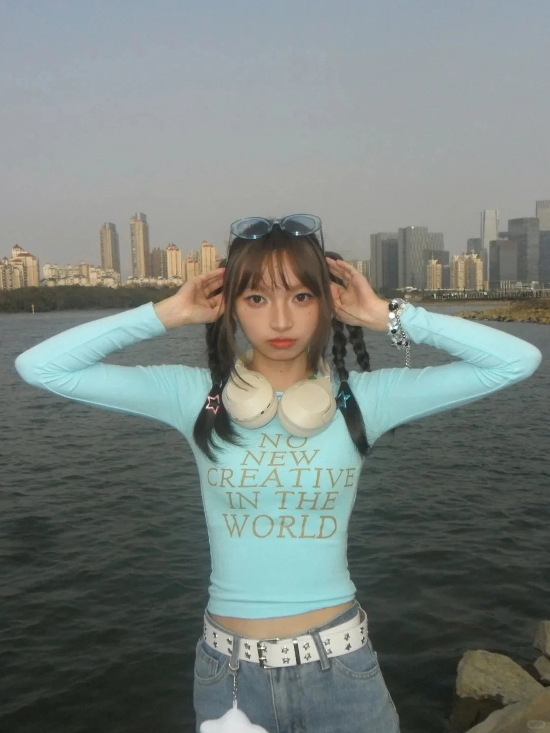 Cathy Dollette  Vintage T Shirt  Print Letter Long Sleeve Crop Top2000s Japanese Streetwear Skinny Tee TopBlue Casual Tee