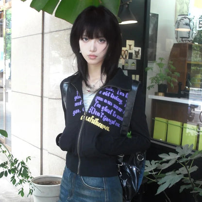 Cathy Dollette Japanese  Cropped Jacket Vintage Harajuku Short Coat American Retro Letter Print Zipper Sweatshirt Grunge Outerwear