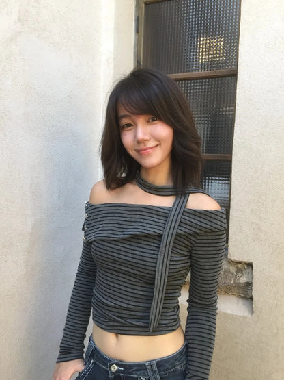 Cathy Dollette Japanese 2000s Striped T Shirt  Long Sleeve Irregular Crop TopWith Scarf Off Shoulder  Vintage Tshirts