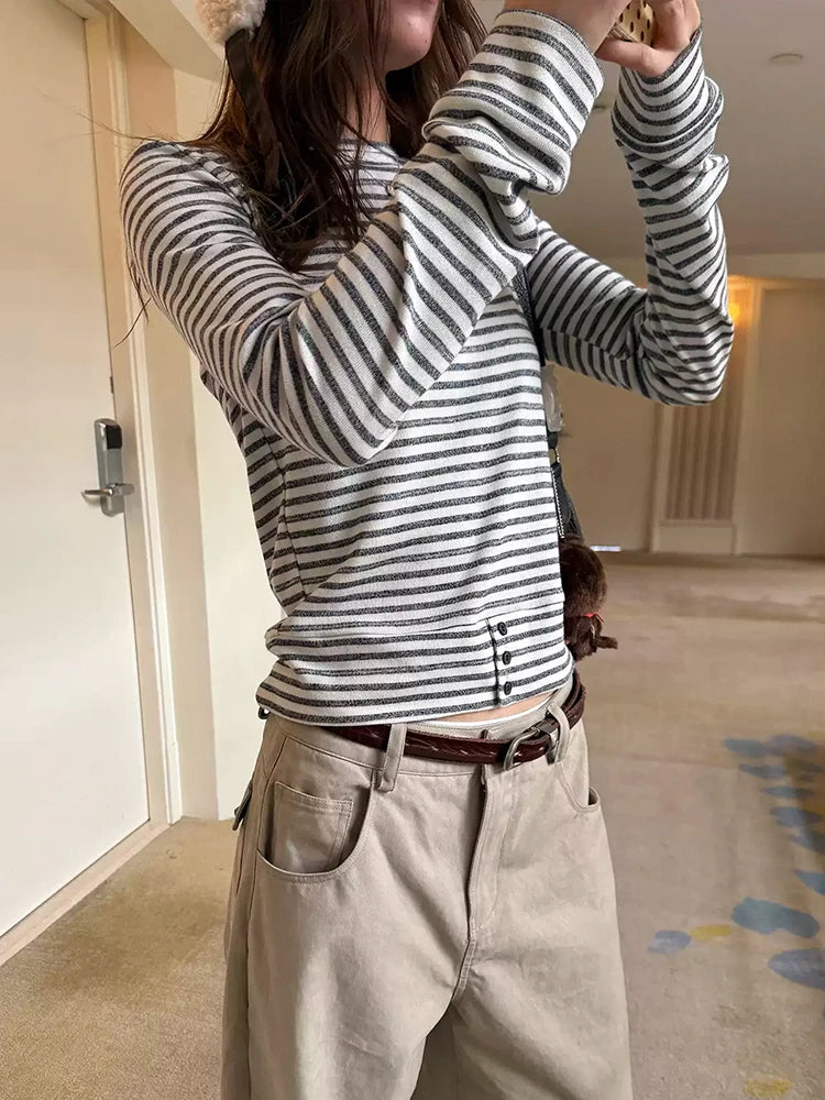 Cathy Dollette Japanese    Long Sleeve Striped Crop TopKorean Style Grunge Top2000s  Tshirts Streetwear