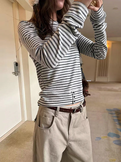 Cathy Dollette Japanese    Long Sleeve Striped Crop TopKorean Style Grunge Top2000s  Tshirts Streetwear