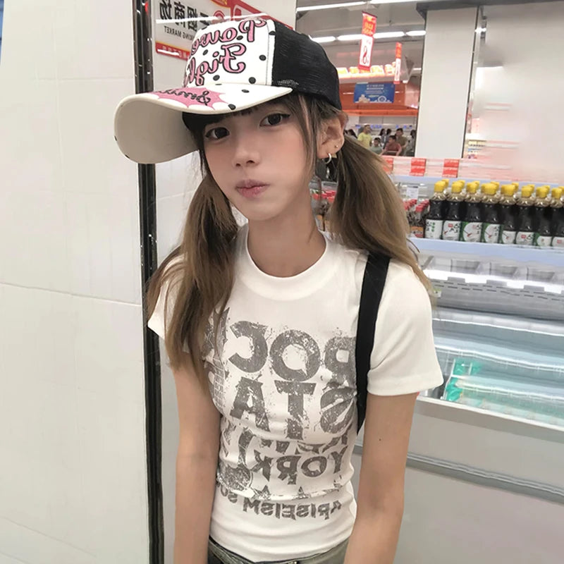 Cathy Dollette Japanese  Letter Print  2000s Style Short Sleeve Crop Top Vintage Harajuku Ribbed Tee Shirt American Retro 90s