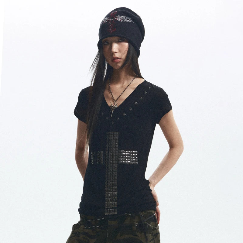 Cathy Dollette Grunge s Metal Cross-print  Trashy 2000s Style V-neck Sheer Top Vintage Gothic Streetwear American Retro