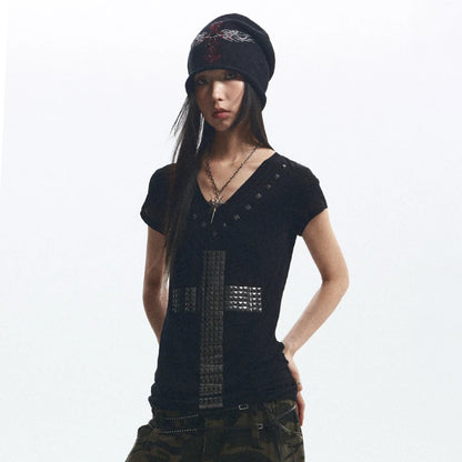Cathy Dollette Grunge s Metal Cross-print  Trashy 2000s Style V-neck Sheer Top Vintage Gothic Streetwear American Retro