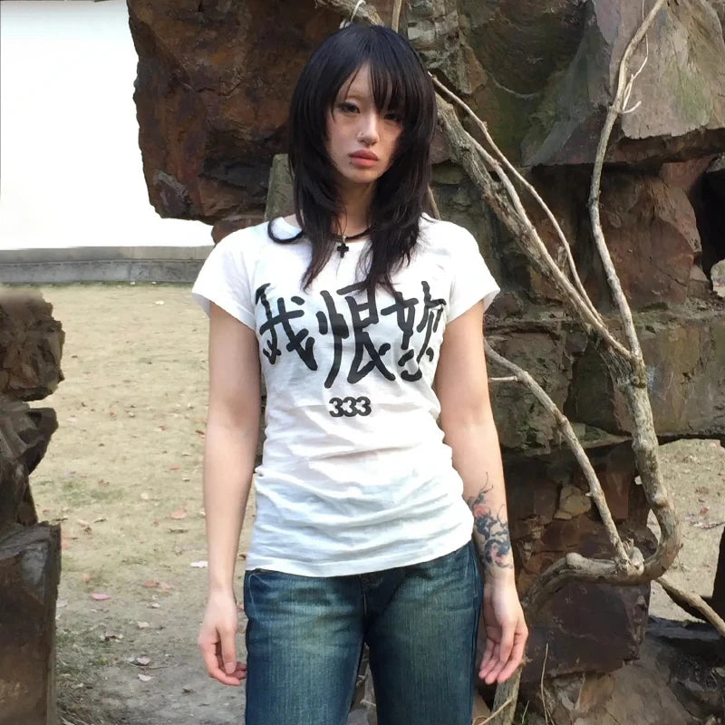 Cathy Dollette Japanese  Letter Print  Trashy 2000s Style Short Sleeve Tee Shirt Grunge s White Top Vintage Harajuku