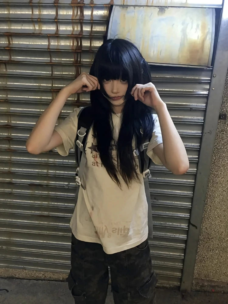 Cathy Dollette  Japanese Print   Short Sleeve Cotton Graphic Top  2000s Grunge TopCasual Tshirt