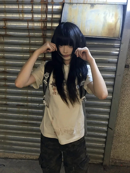Cathy Dollette  Japanese Print   Short Sleeve Cotton Graphic Top  2000s Grunge TopCasual Tshirt
