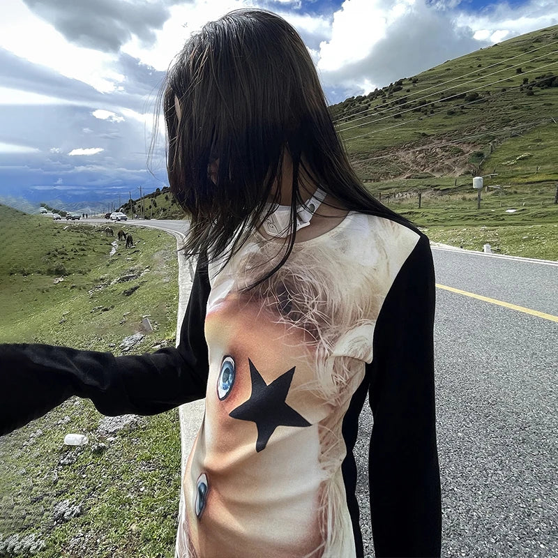 Cathy Dollette Trashy  Chic Print  Grunge s Long Sleeve Patchwork TopJapanese 2000s Punk Streetwear American Retro