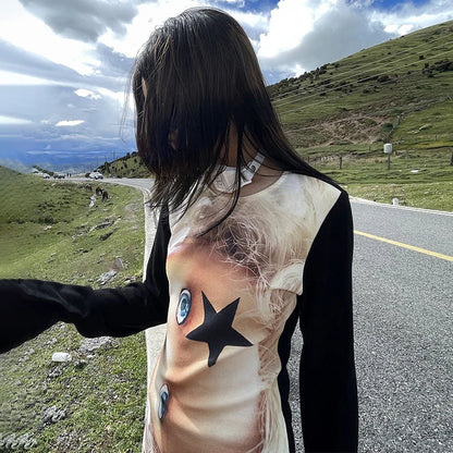 Cathy Dollette Trashy  Chic Print  Grunge s Long Sleeve Patchwork TopJapanese 2000s Punk Streetwear American Retro